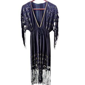 Despi Black Fringe Swimsuit Cover-Up Dress With Gold Sequins & Empire Waist Sz L